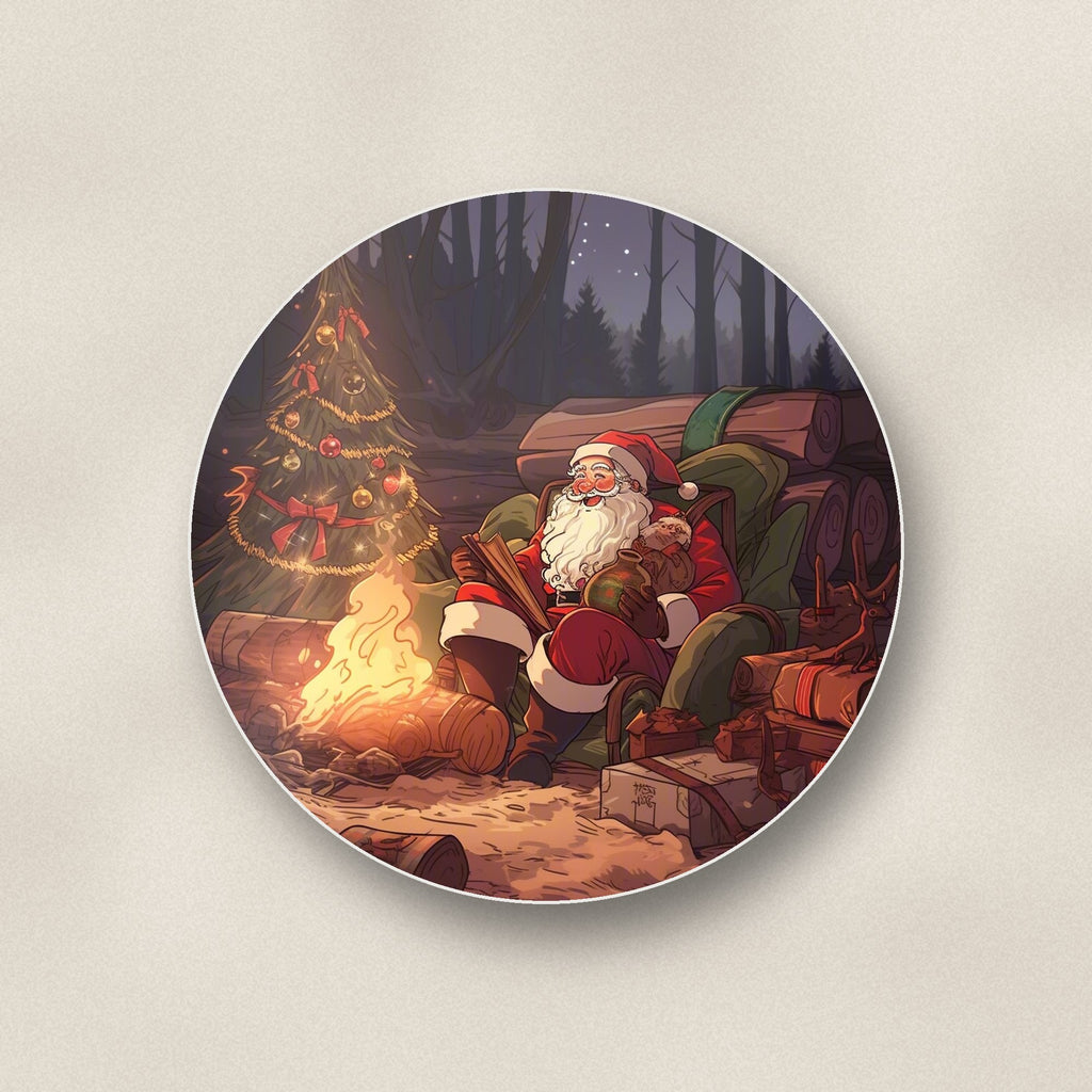 Close-up of one father christmas forest fireside round ceramic coaster, flat UV print