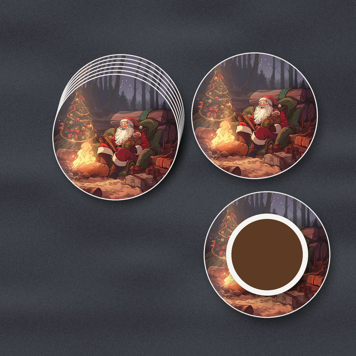 Father Christmas Forest Fireside round ceramic coasters stacked on a slate kitchen worktop