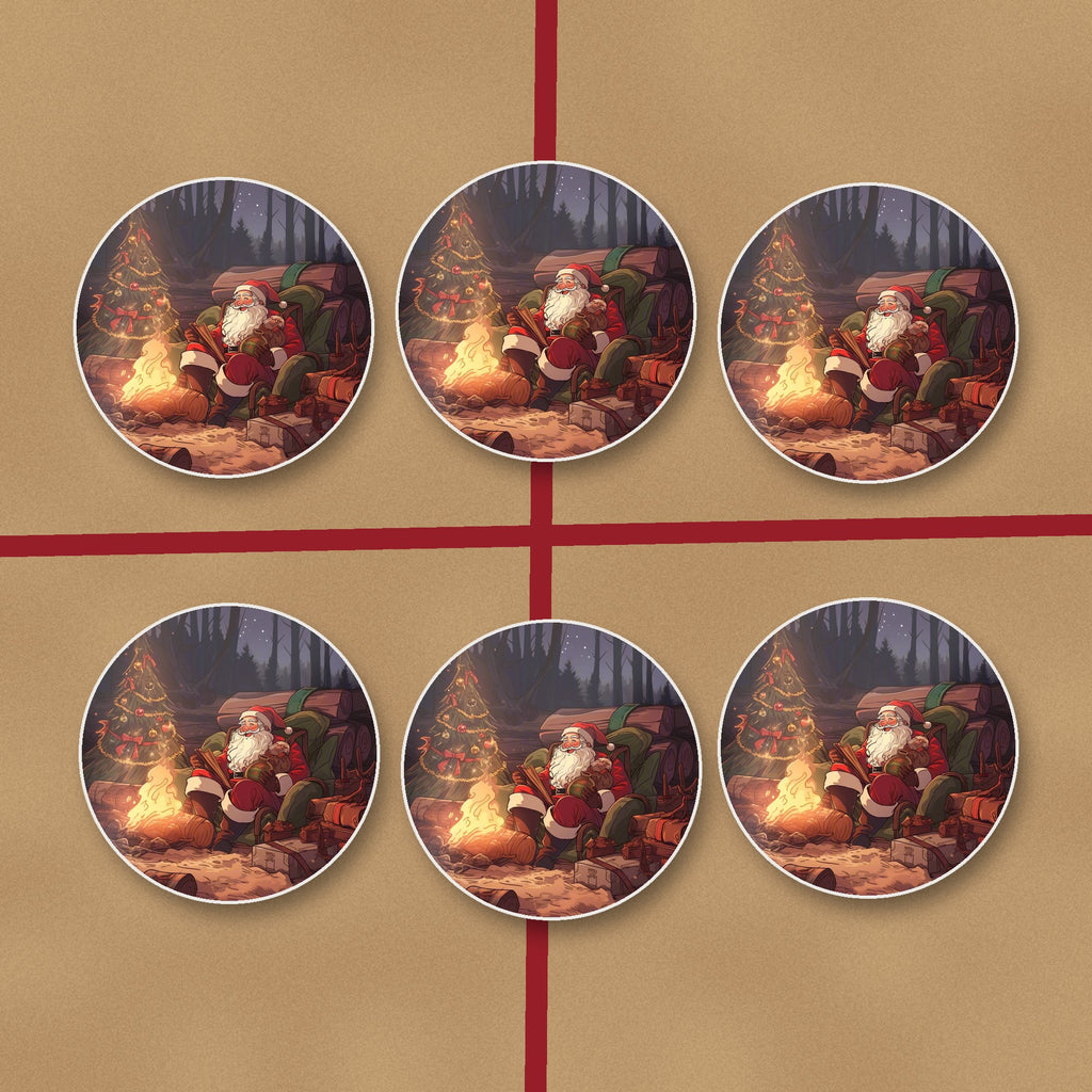 Father Christmas Forest Fireside round ceramic coasters on kraft gift wrap