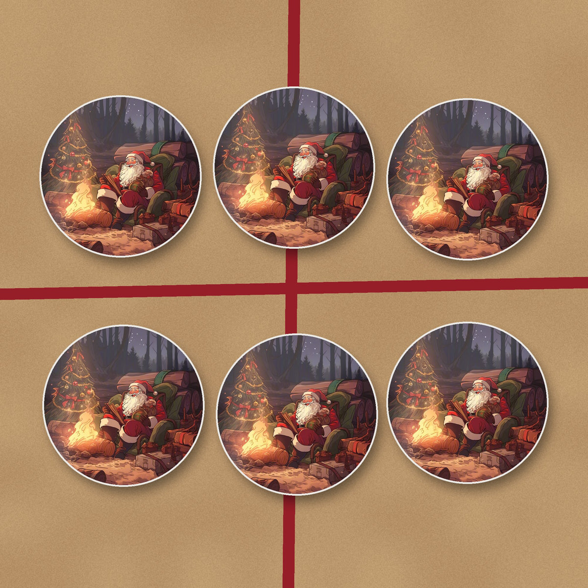 Father Christmas Forest Fireside round ceramic coasters on kraft gift wrap
