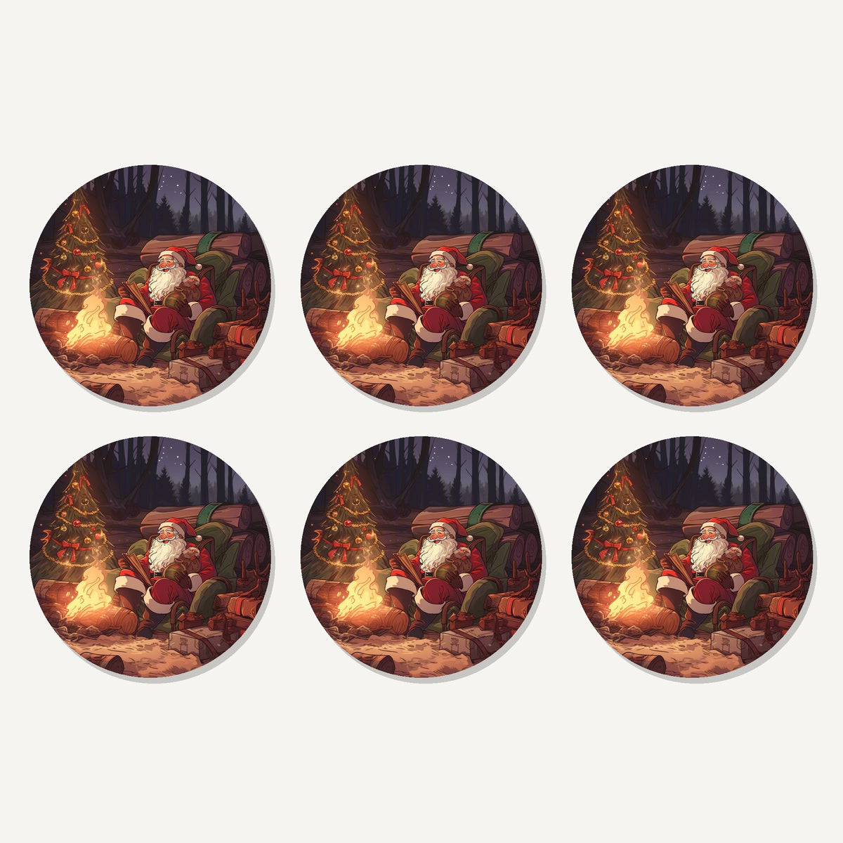 Flat lay of the father christmas forest fireside artwork on six round coasters