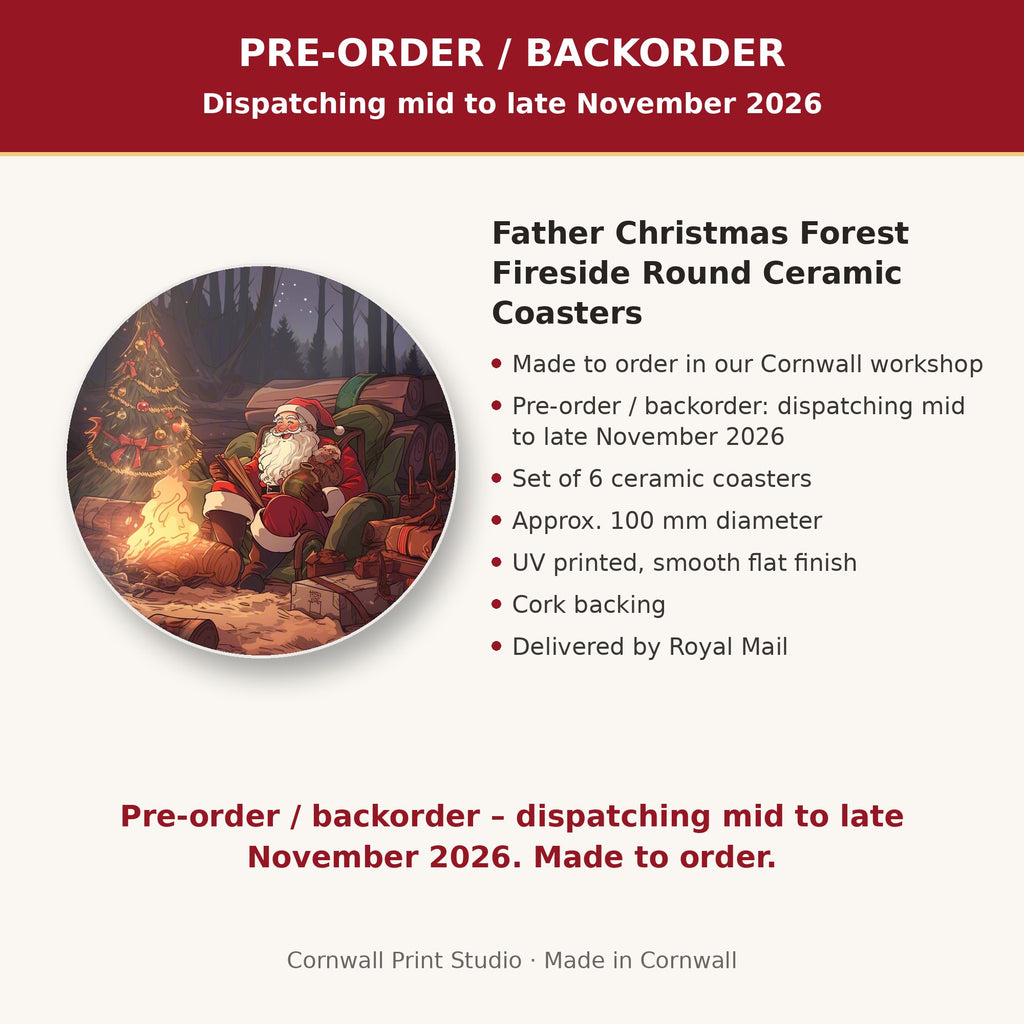 Info card: Father Christmas Forest Fireside Round Ceramic Coasters – Set of 6, made to order, dispatching mid to late November 2026, delivered by Royal Mail