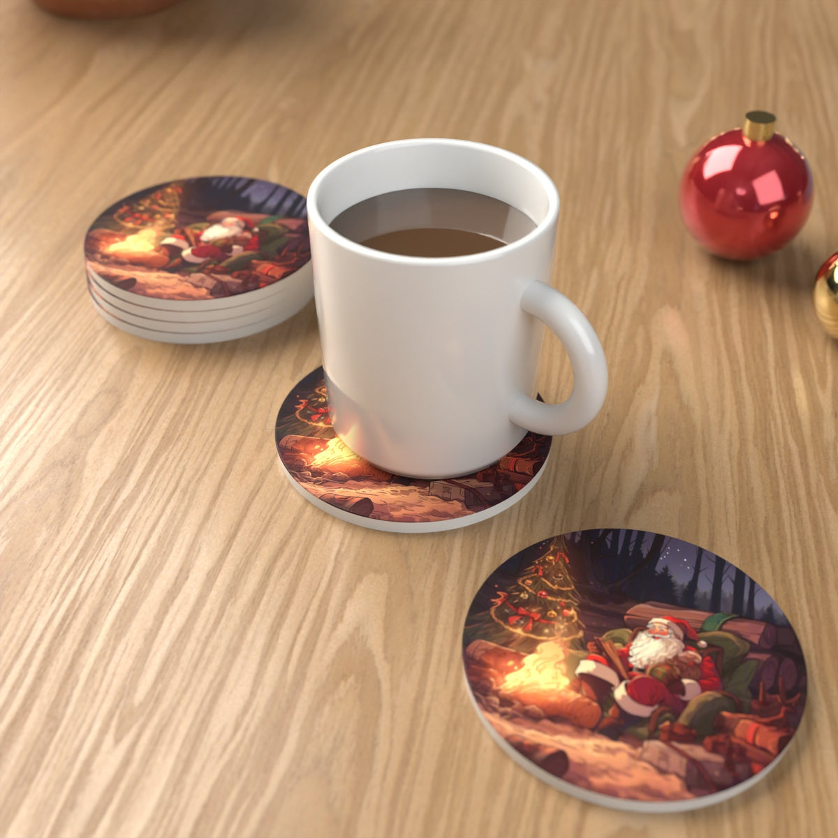 Father Christmas Forest Fireside Round Ceramic Coasters – Set of 6 – lifestyle mockup with a mug of coffee