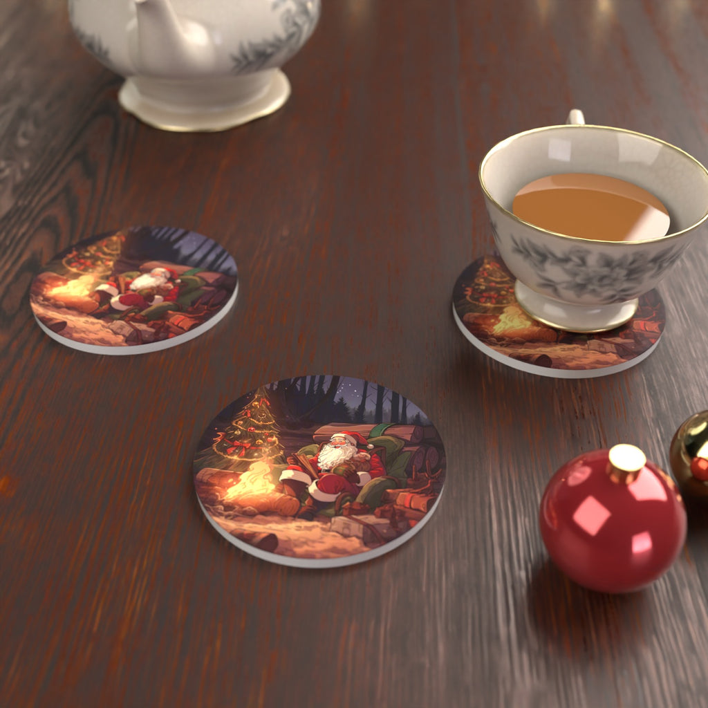 Father Christmas Forest Fireside Round Ceramic Coasters – Set of 6 – lifestyle mockup with a teacup