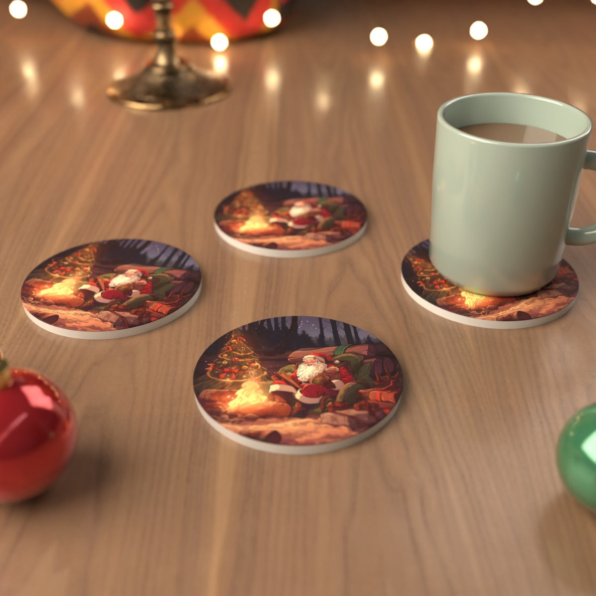 Father Christmas Forest Fireside Round Ceramic Coasters – Set of 6 – cosy lifestyle mockup