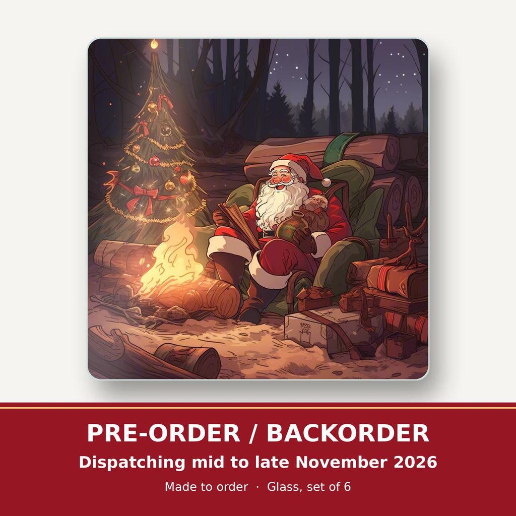 Father Christmas Forest Fireside square glass coaster set of 6 – pre-order / backorder, dispatching mid to late November 2026