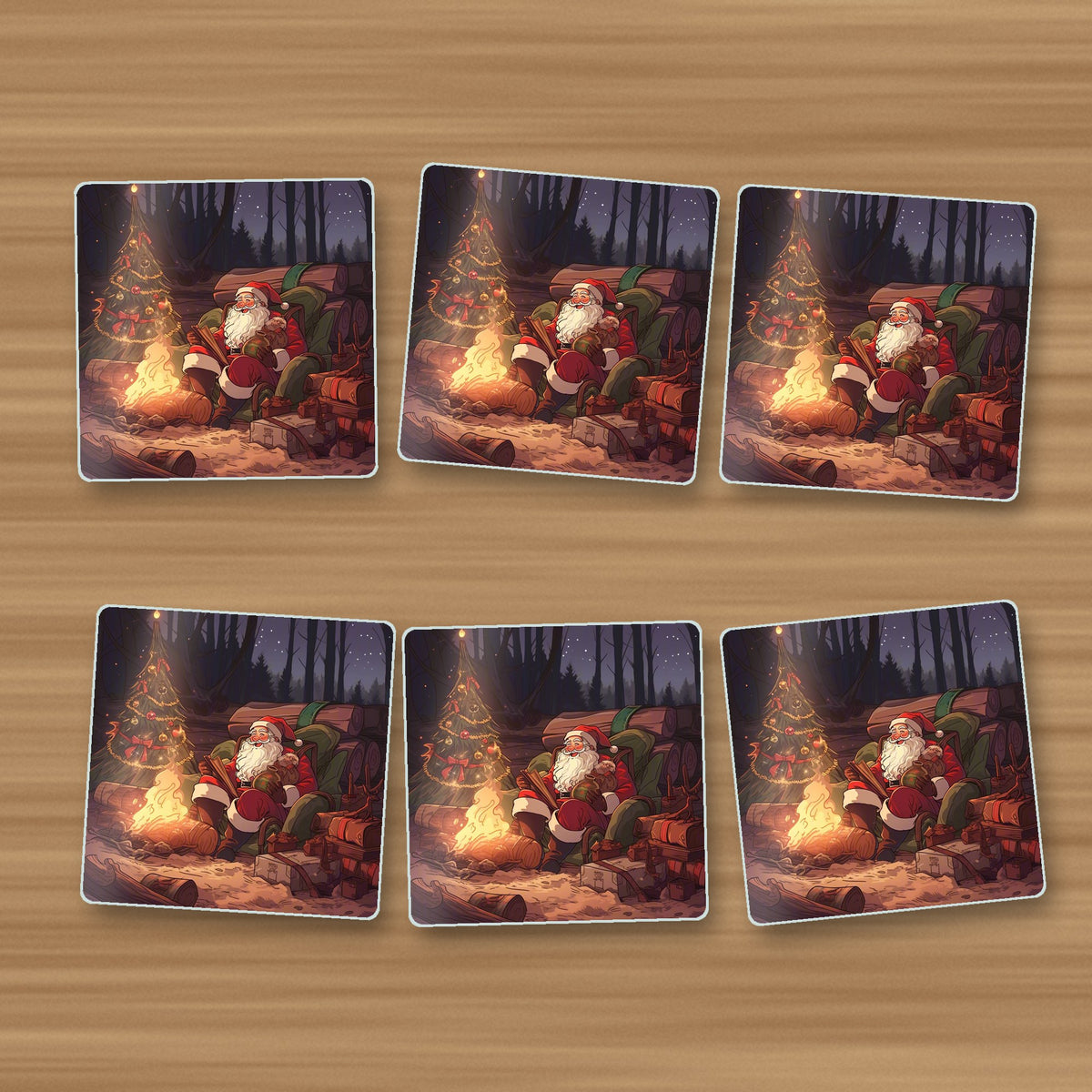 Father Christmas Forest Fireside square glass coasters, set of 6, on an oak coffee table