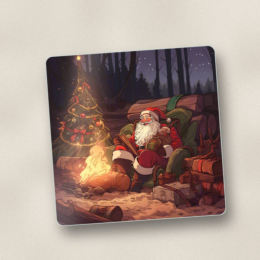 Close-up of one father christmas forest fireside square glass coaster, flat UV print