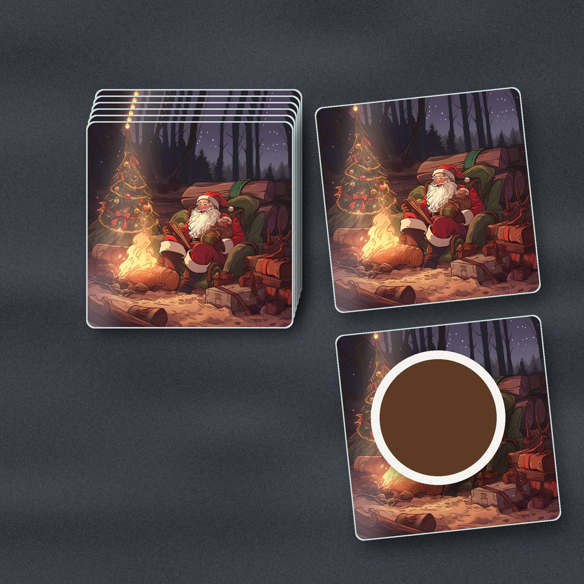 Father Christmas Forest Fireside square glass coasters stacked on a slate kitchen worktop