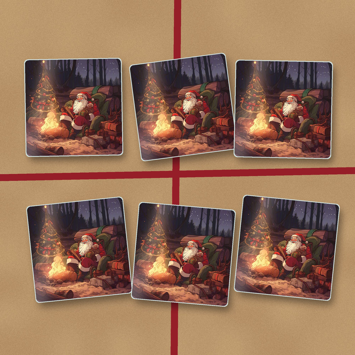 Father Christmas Forest Fireside square glass coasters on kraft gift wrap