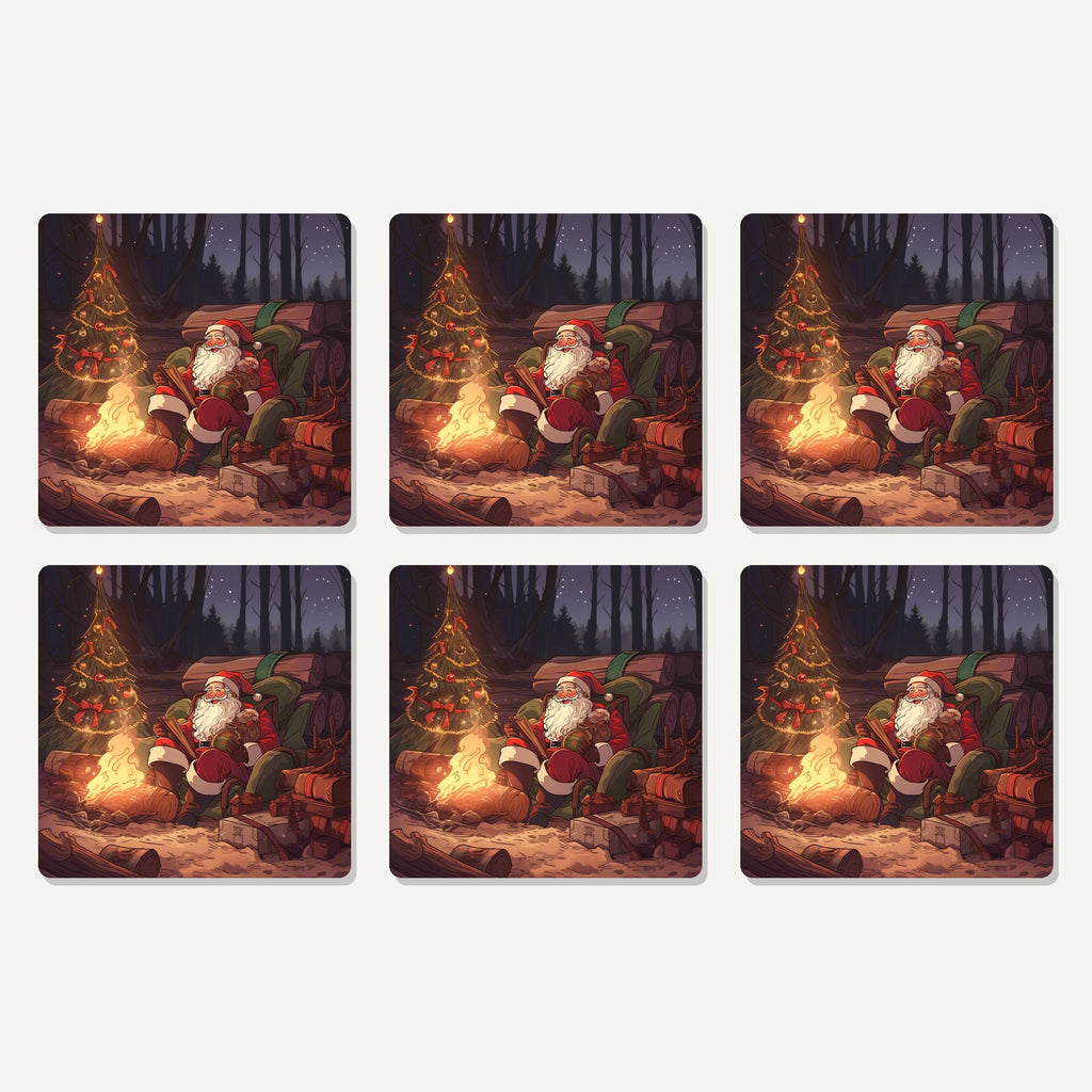 Flat lay of the father christmas forest fireside artwork on six square coasters