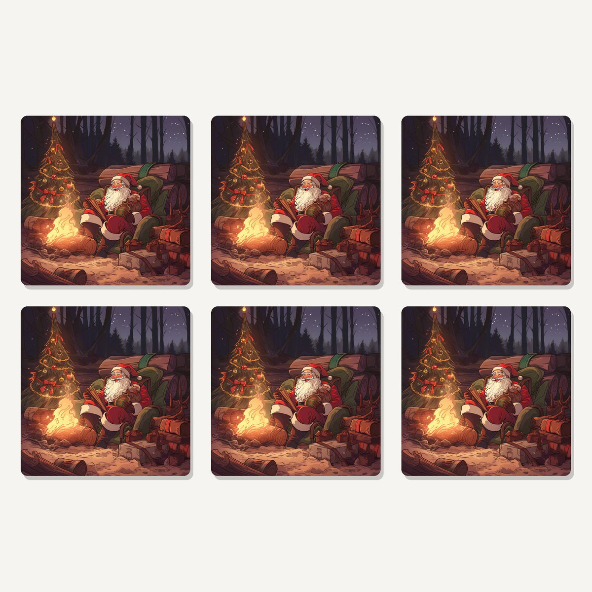Flat lay of the father christmas forest fireside artwork on six square coasters