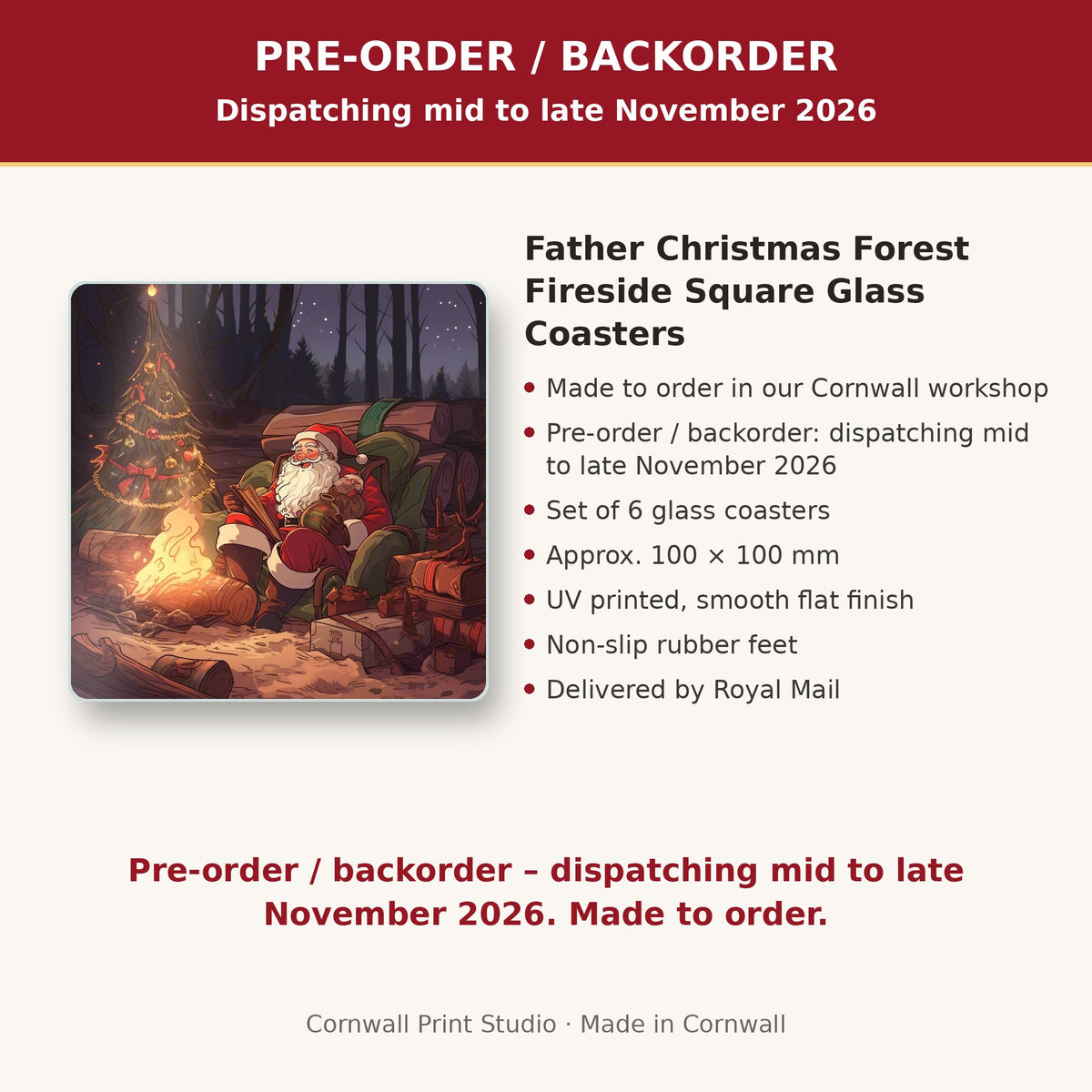 Info card: Father Christmas Forest Fireside Square Glass Coasters – Set of 6, made to order, dispatching mid to late November 2026, delivered by Royal Mail