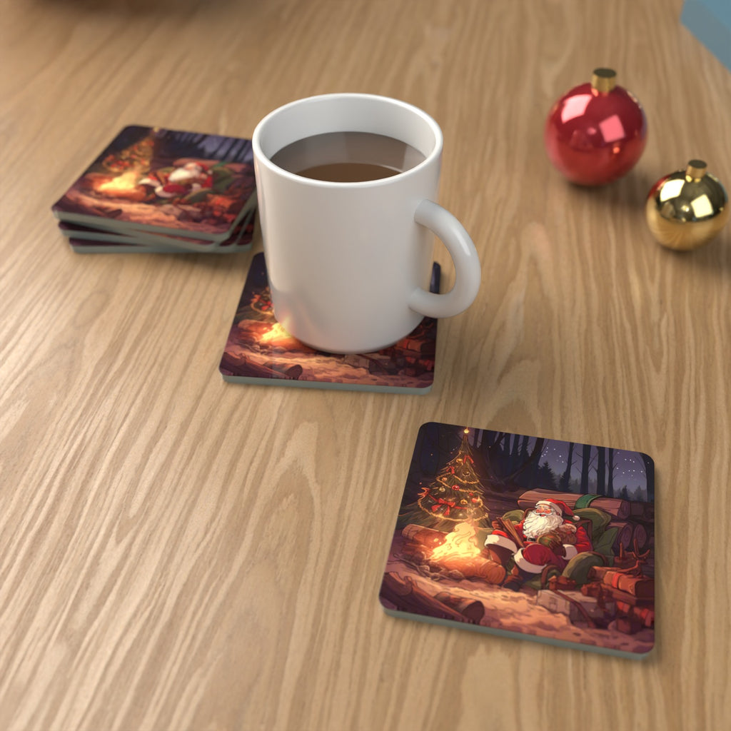Father Christmas Forest Fireside Square Glass Coasters – Set of 6 – lifestyle mockup with a mug of coffee