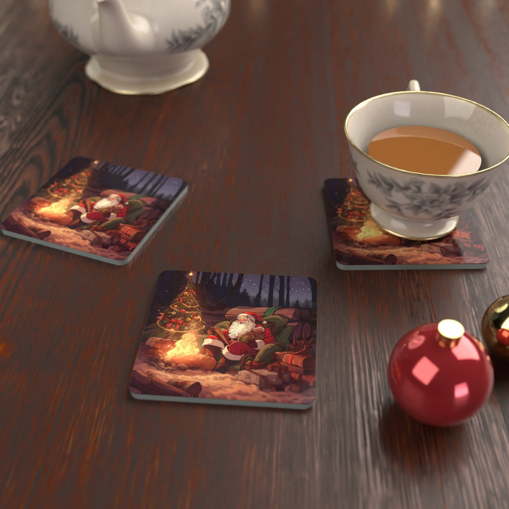 Father Christmas Forest Fireside Square Glass Coasters – Set of 6 – lifestyle mockup with a teacup
