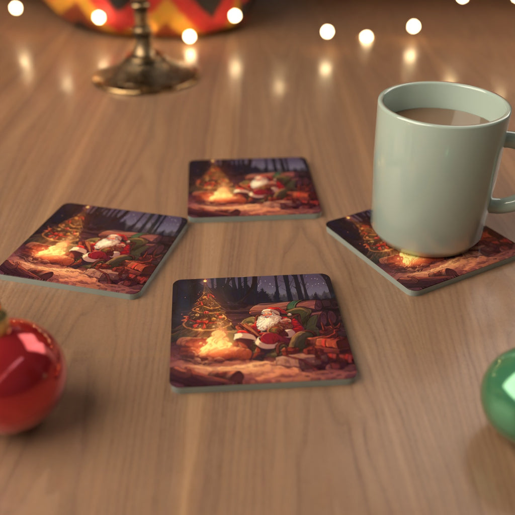 Father Christmas Forest Fireside Square Glass Coasters – Set of 6 – cosy lifestyle mockup