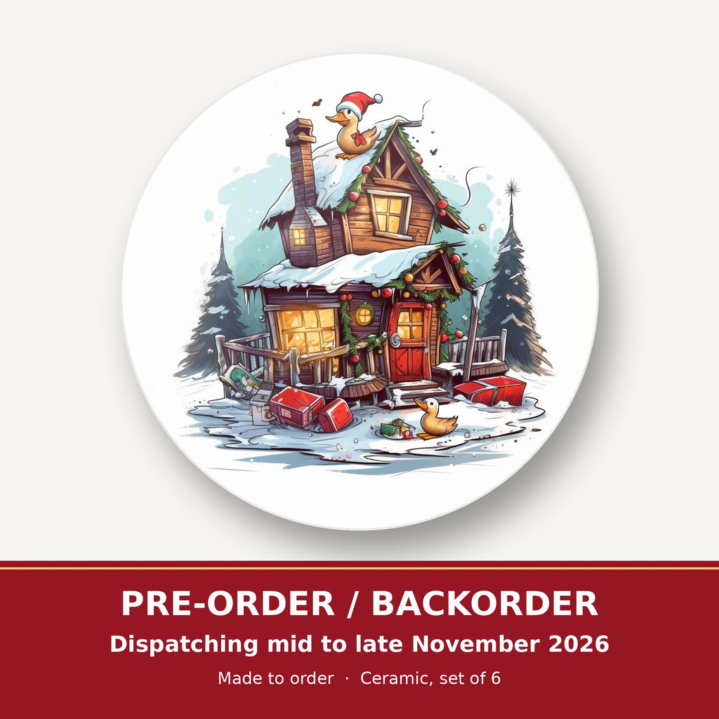 Snowy Log Cabin with Ducks round ceramic coaster set of 6 – pre-order / backorder, dispatching mid to late November 2026