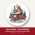 Snowy Log Cabin with Ducks round ceramic coaster set of 6 – pre-order / backorder, dispatching mid to late November 2026