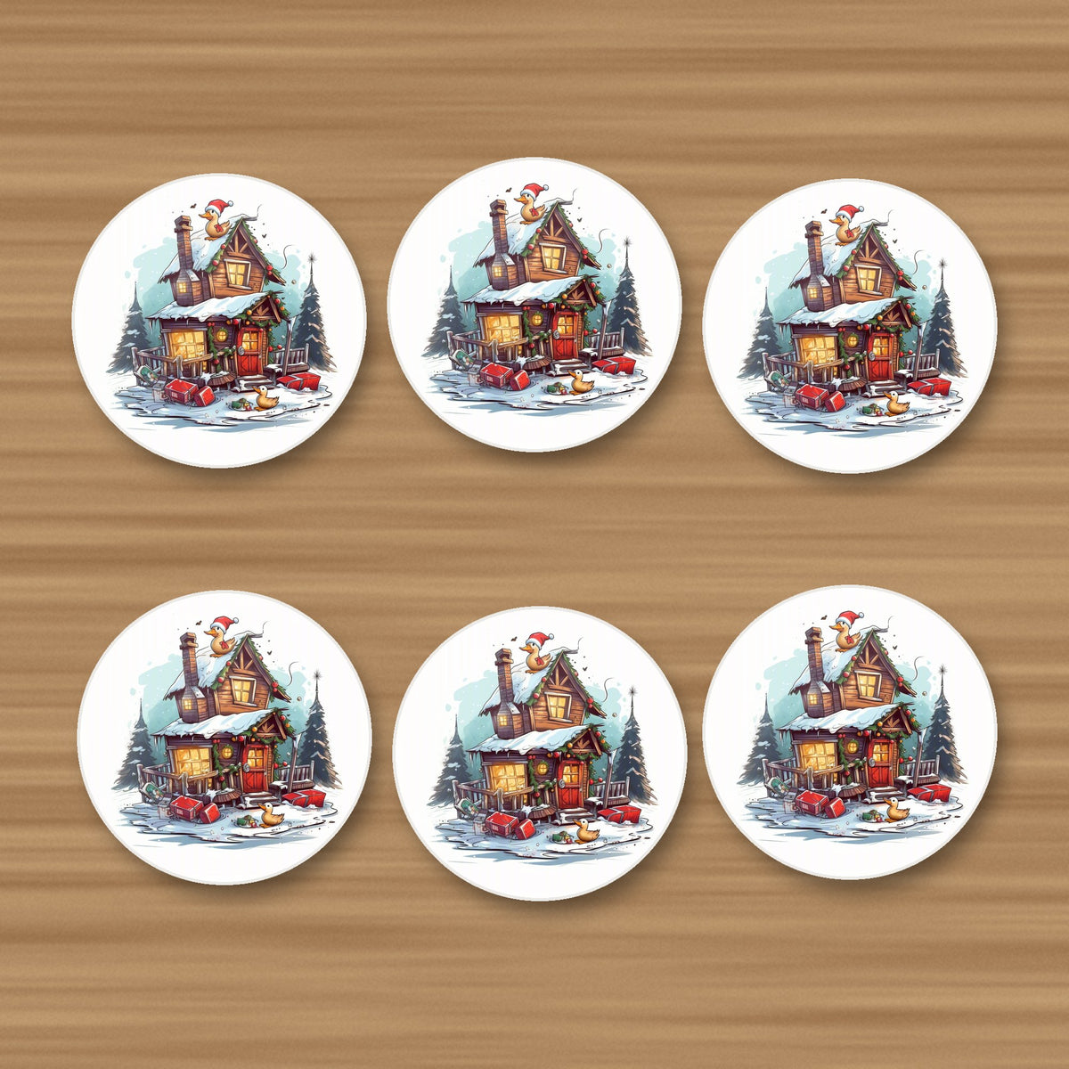 Snowy Log Cabin with Ducks round ceramic coasters, set of 6, on an oak coffee table