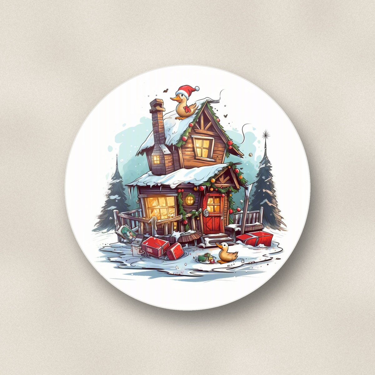 Close-up of one snowy log cabin with ducks round ceramic coaster, flat UV print