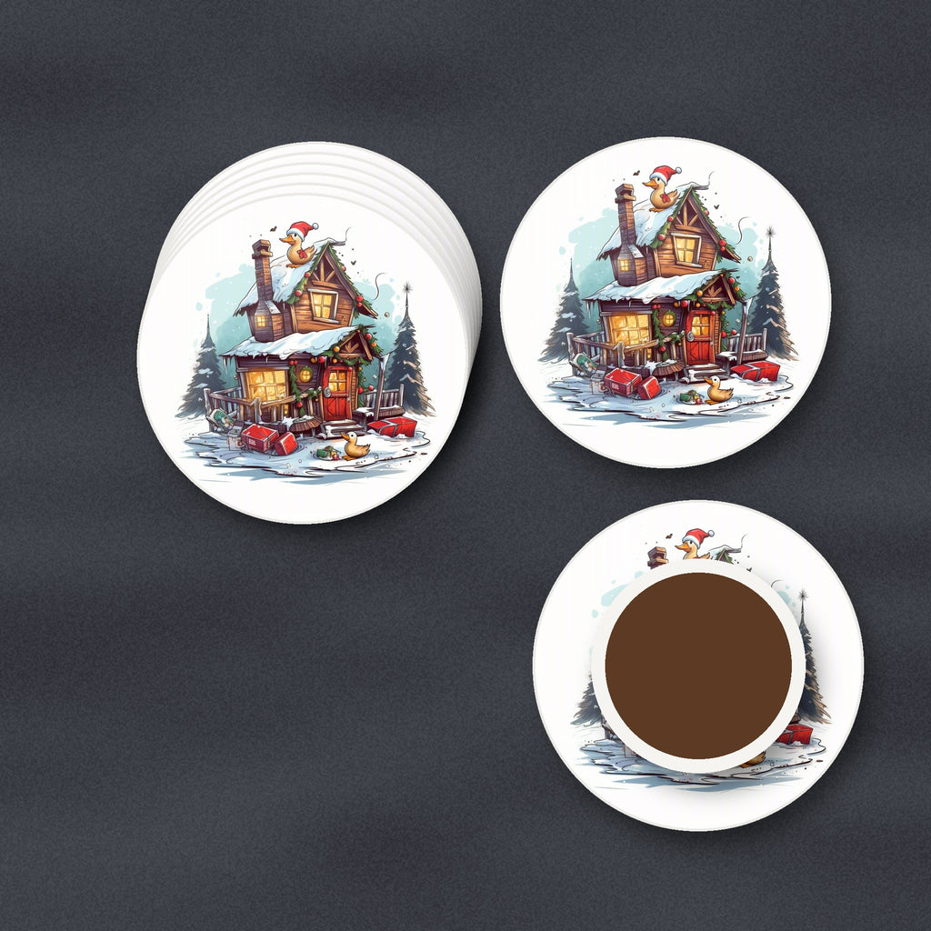 Snowy Log Cabin with Ducks round ceramic coasters stacked on a slate kitchen worktop