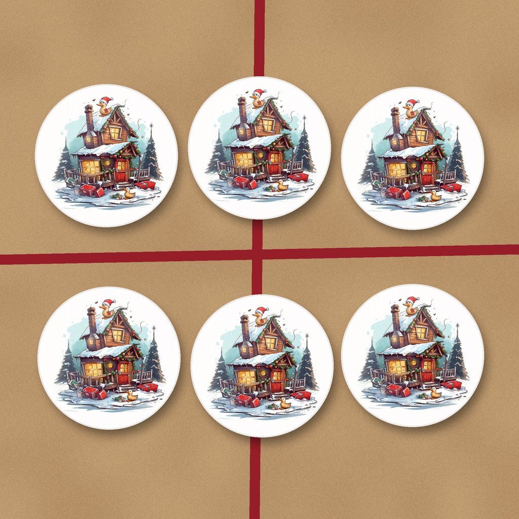 Snowy Log Cabin with Ducks round ceramic coasters on kraft gift wrap