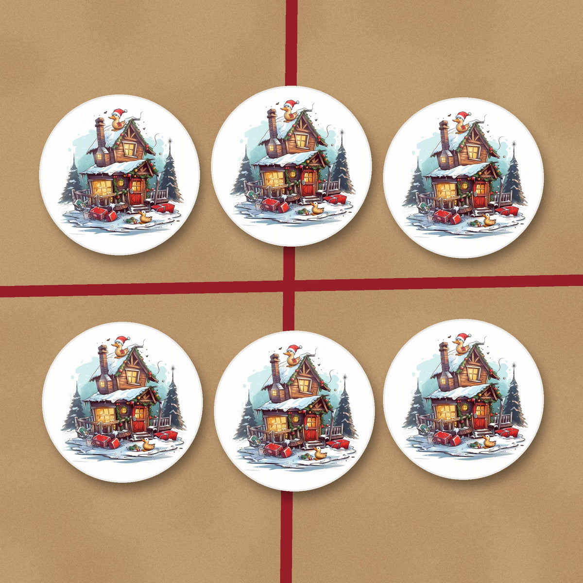 Snowy Log Cabin with Ducks round ceramic coasters on kraft gift wrap