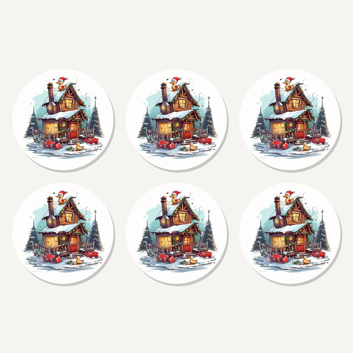 Flat lay of the snowy log cabin with ducks artwork on six round coasters