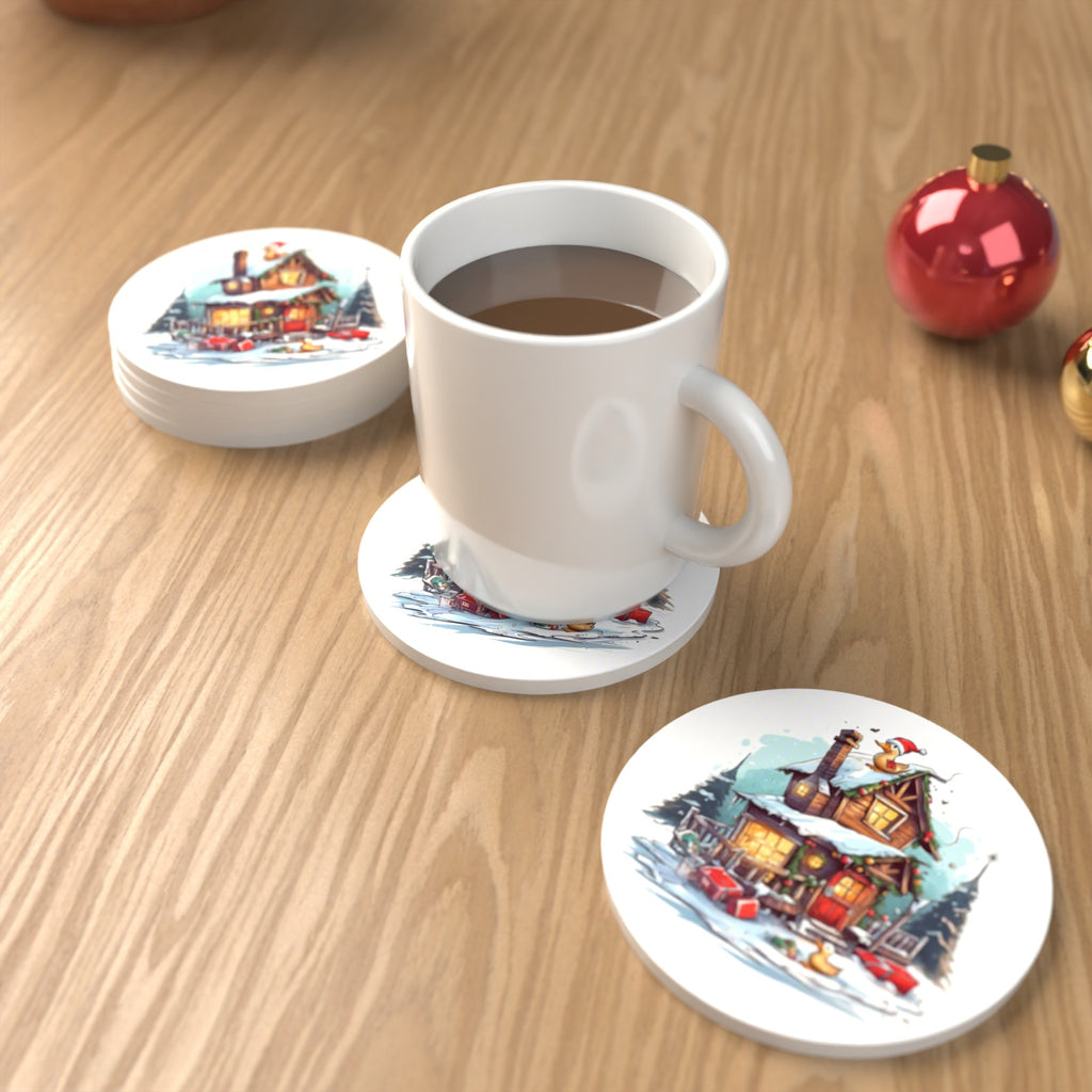 Snowy Log Cabin with Ducks Round Ceramic Coasters – Set of 6 – lifestyle mockup with a mug of coffee