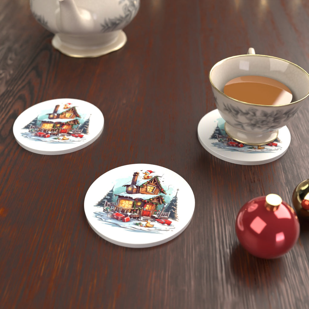 Snowy Log Cabin with Ducks Round Ceramic Coasters – Set of 6 – lifestyle mockup with a teacup