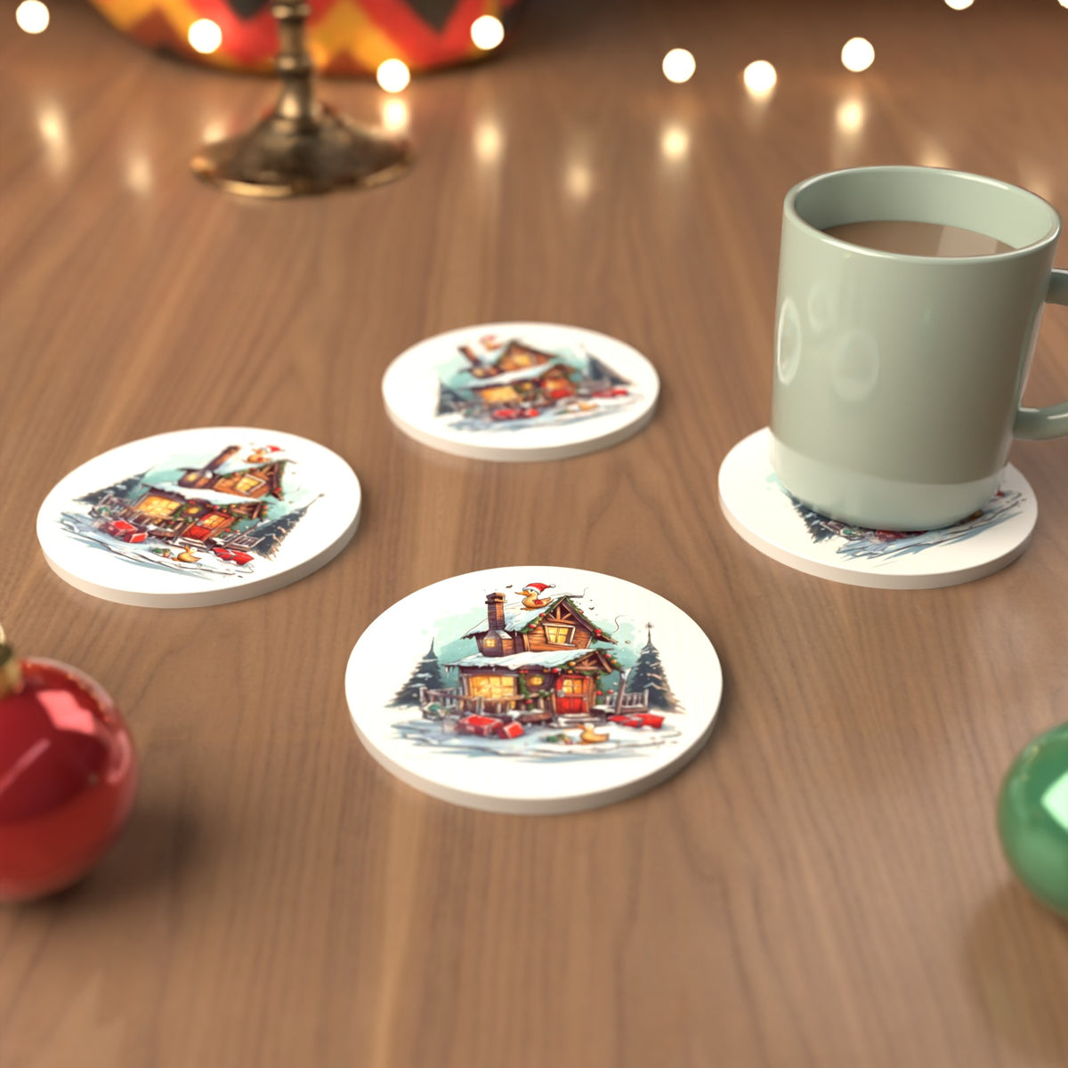 Snowy Log Cabin with Ducks Round Ceramic Coasters – Set of 6 – cosy lifestyle mockup