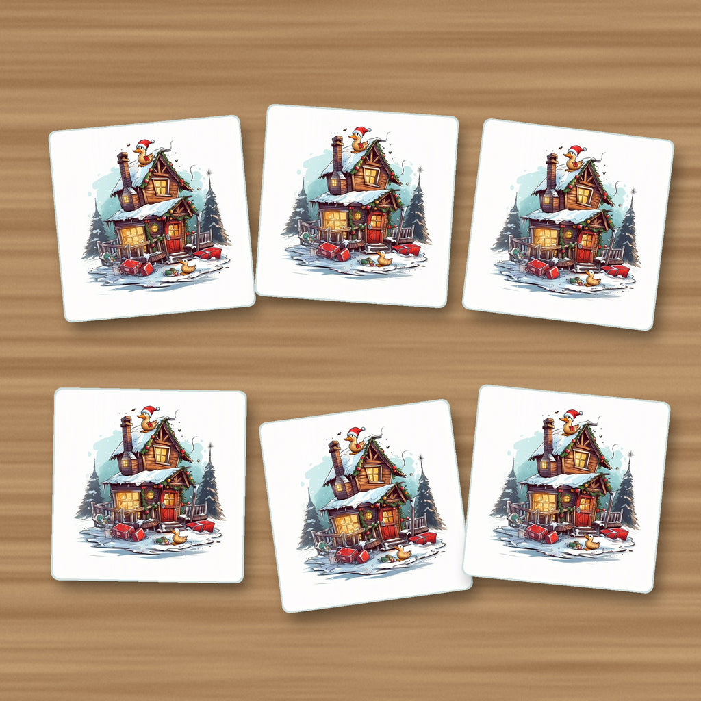 Snowy Log Cabin with Ducks square glass coasters, set of 6, on an oak coffee table
