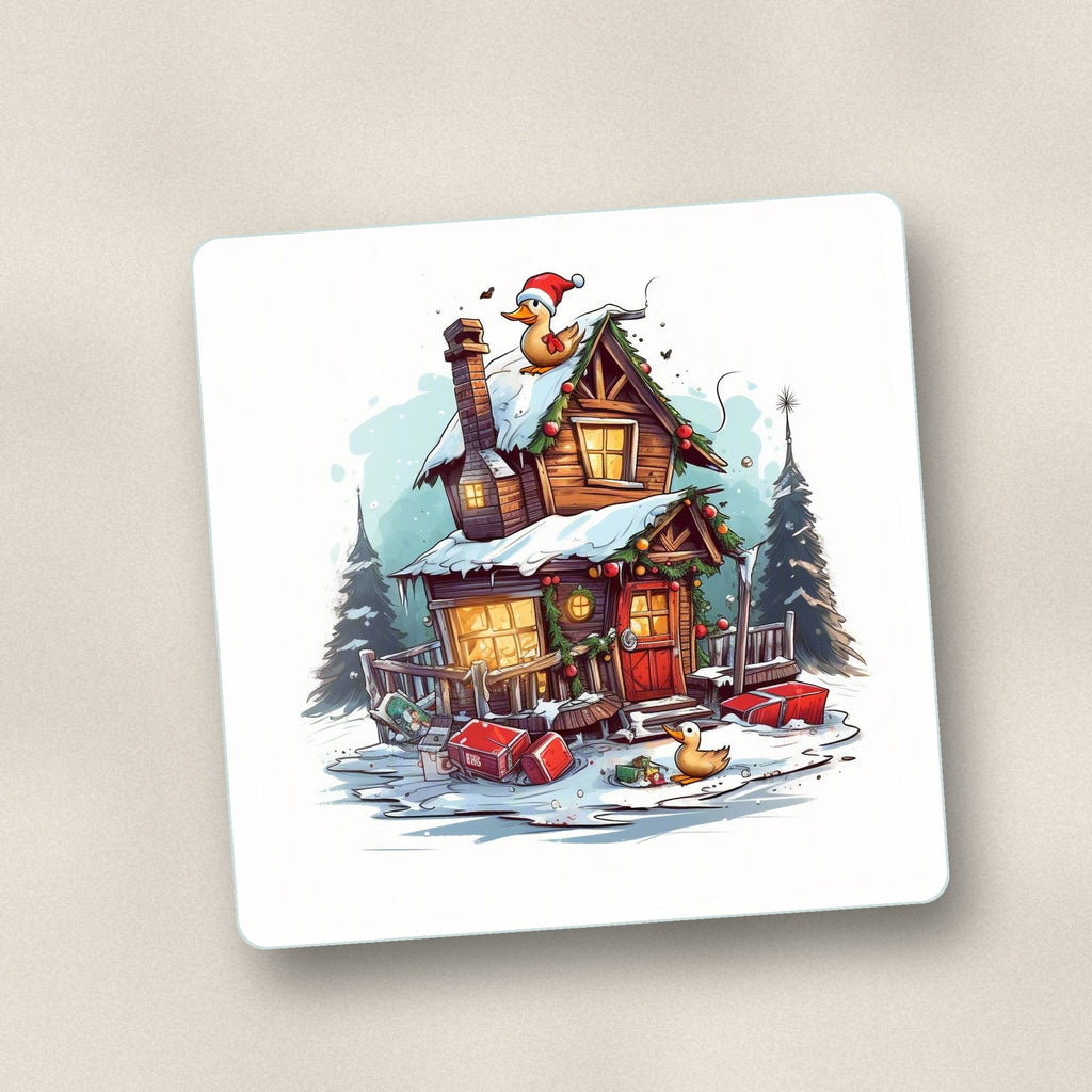 Close-up of one snowy log cabin with ducks square glass coaster, flat UV print