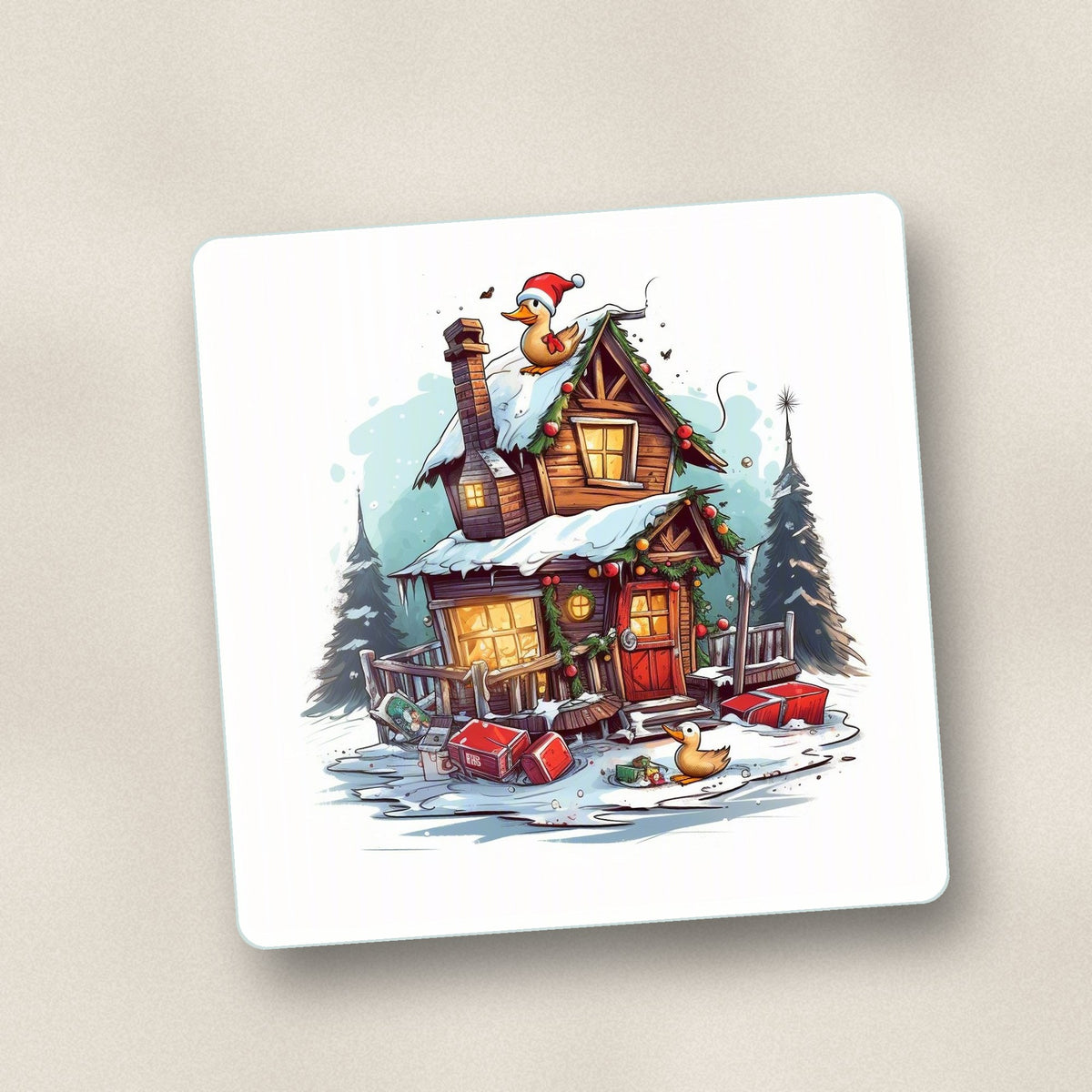 Close-up of one snowy log cabin with ducks square glass coaster, flat UV print