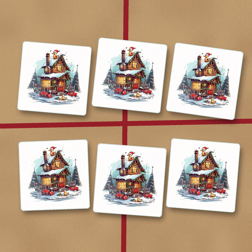 Snowy Log Cabin with Ducks square glass coasters on kraft gift wrap