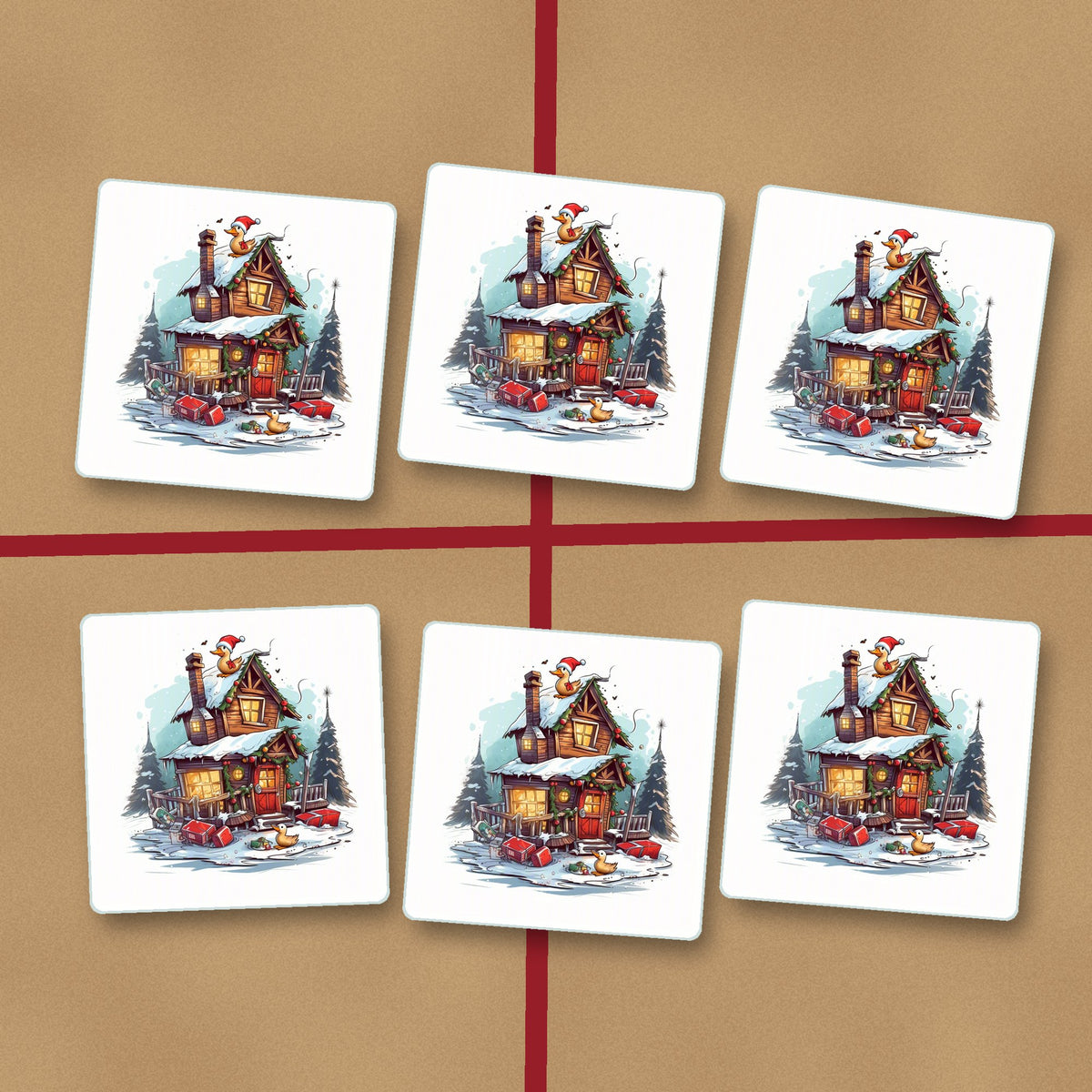 Snowy Log Cabin with Ducks square glass coasters on kraft gift wrap