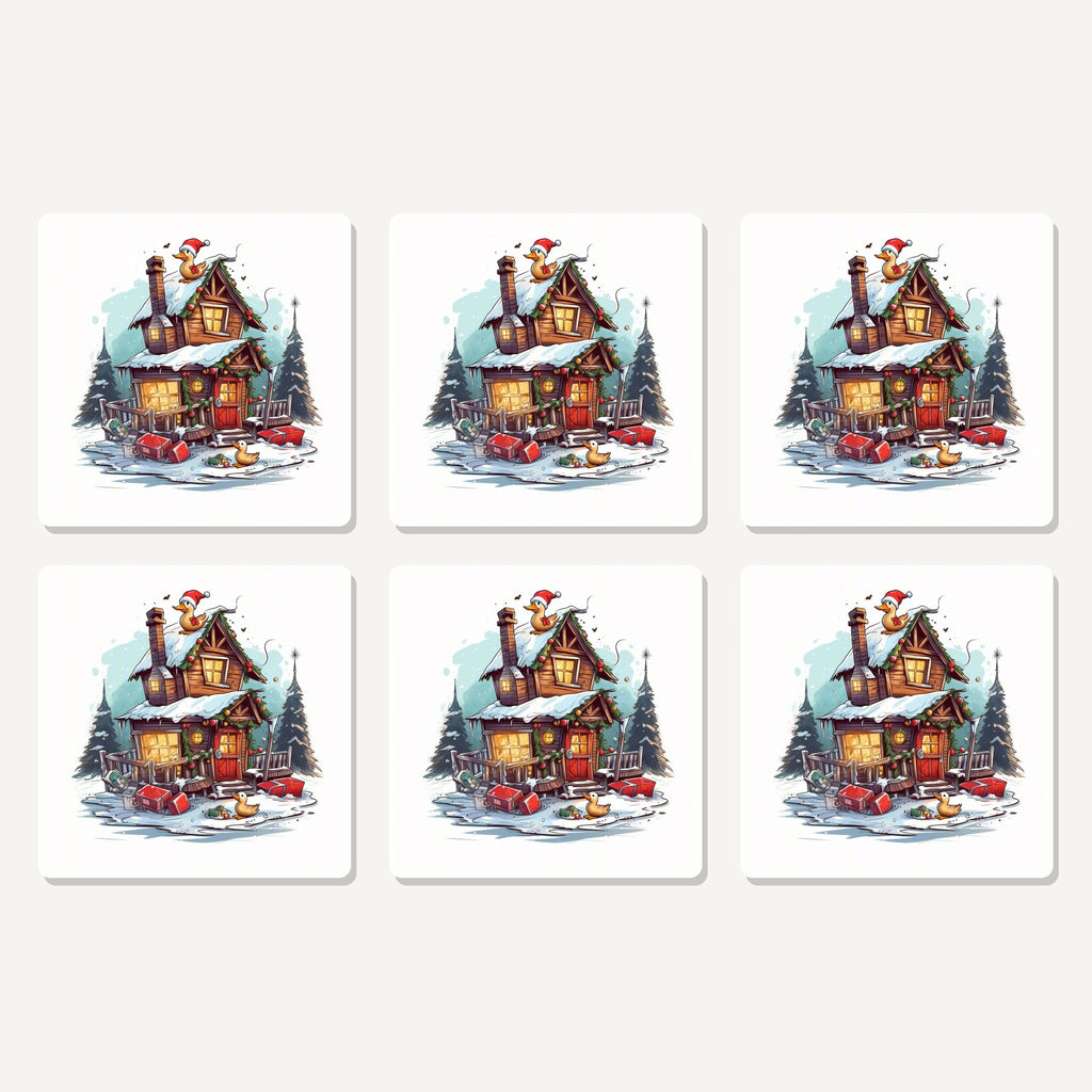 Flat lay of the snowy log cabin with ducks artwork on six square coasters