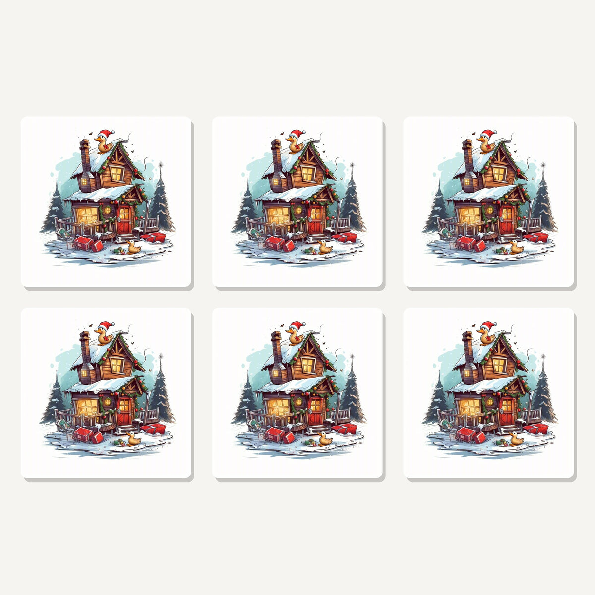 Flat lay of the snowy log cabin with ducks artwork on six square coasters