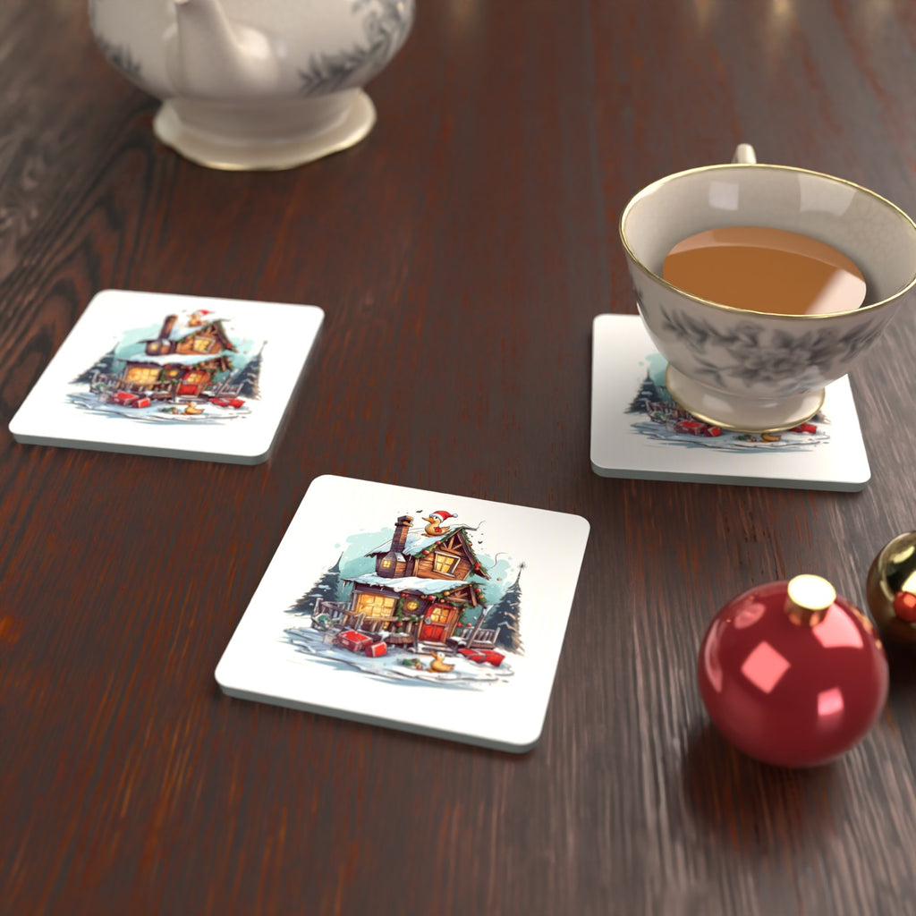 Snowy Log Cabin with Ducks Square Glass Coasters – Set of 6 – lifestyle mockup with a teacup