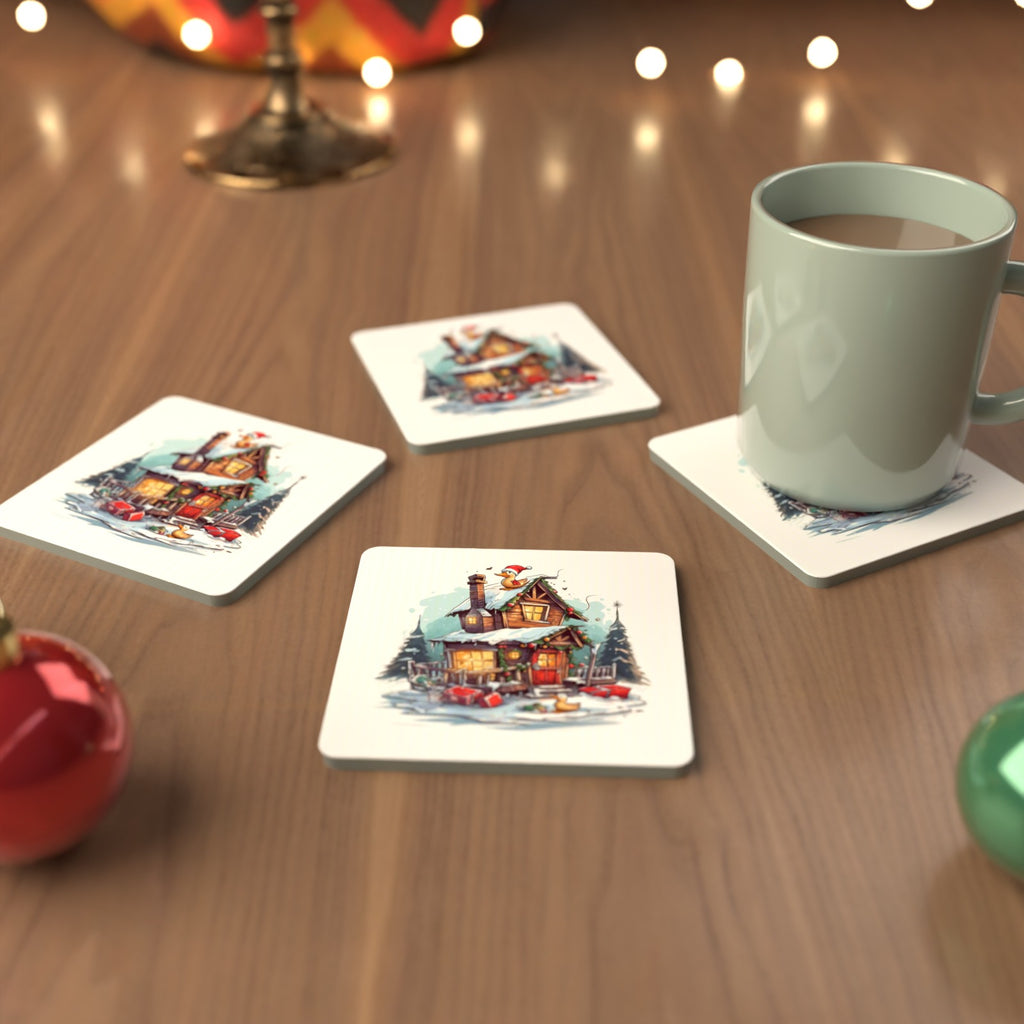 Snowy Log Cabin with Ducks Square Glass Coasters – Set of 6 – cosy lifestyle mockup