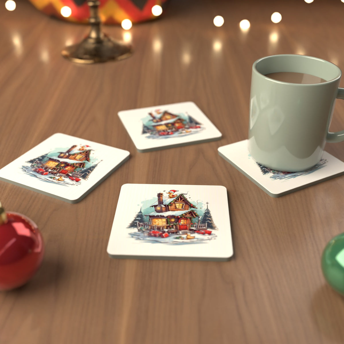 Snowy Log Cabin with Ducks Square Glass Coasters – Set of 6 – cosy lifestyle mockup