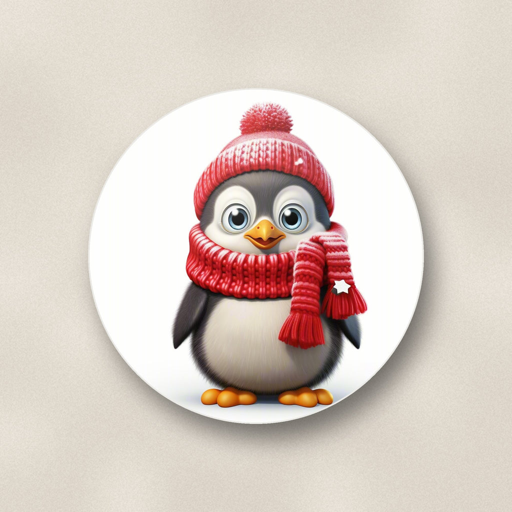 Close-up of one cheerful penguin in red hat & scarf round ceramic coaster, flat UV print