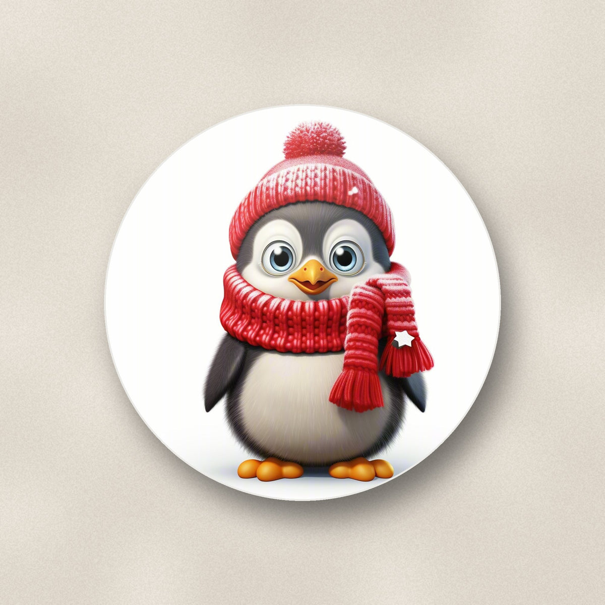 Close-up of one cheerful penguin in red hat & scarf round ceramic coaster, flat UV print