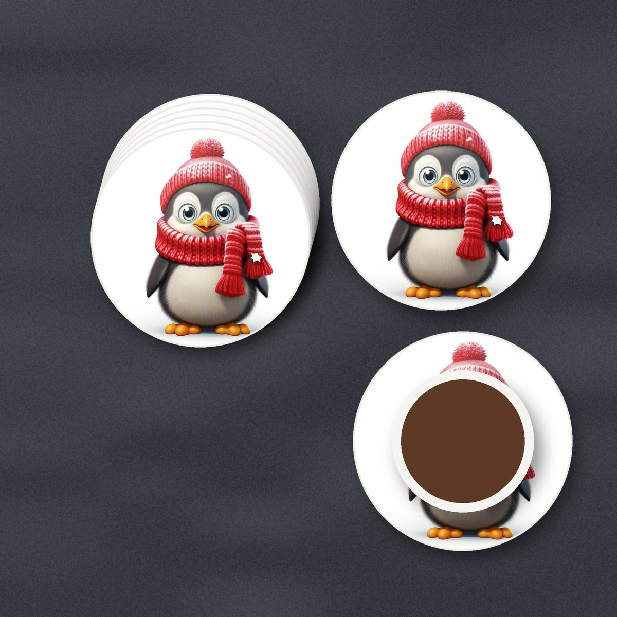 Cheerful Penguin in Red Hat & Scarf round ceramic coasters stacked on a slate kitchen worktop