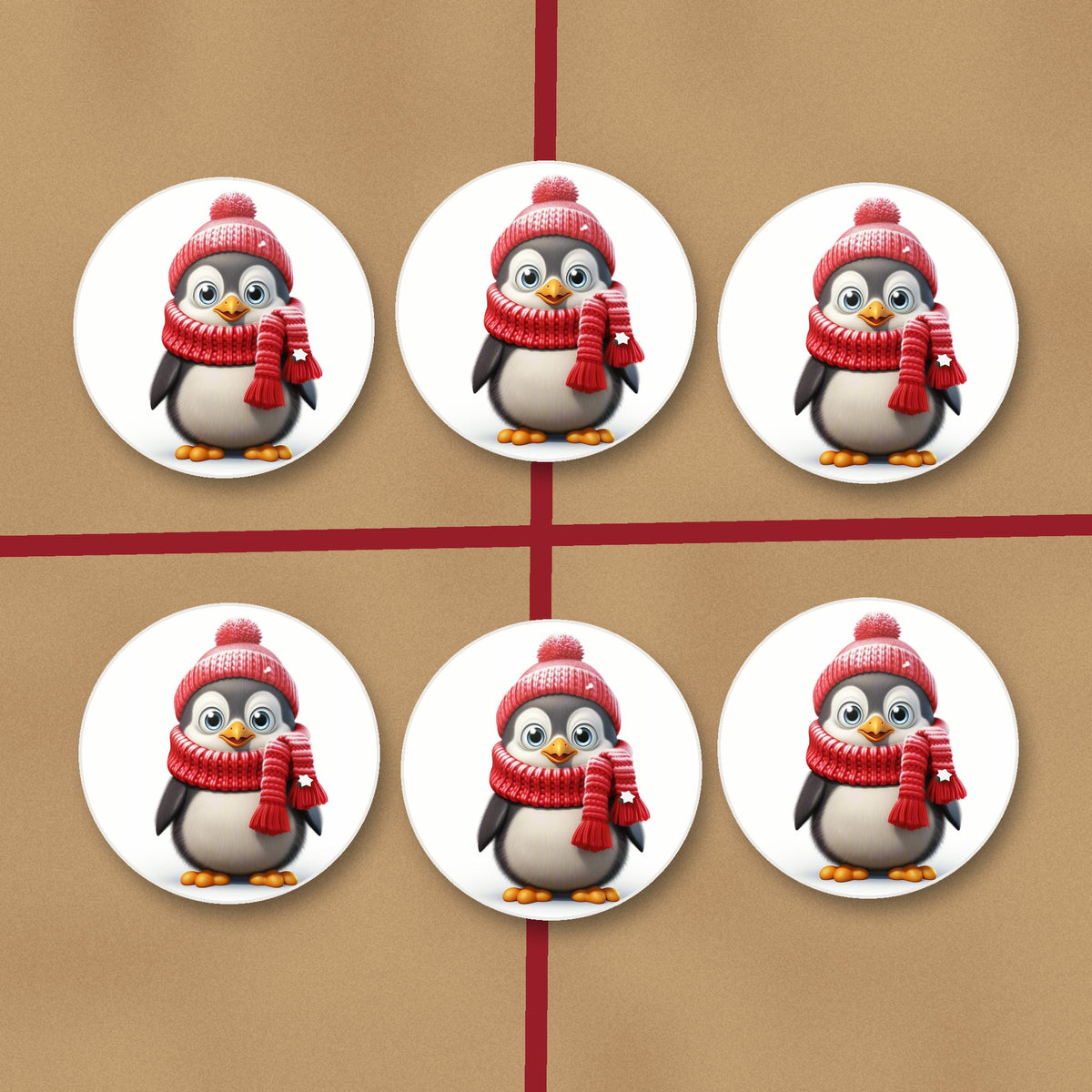 Cheerful Penguin in Red Hat & Scarf round ceramic coasters on kraft gift wrap