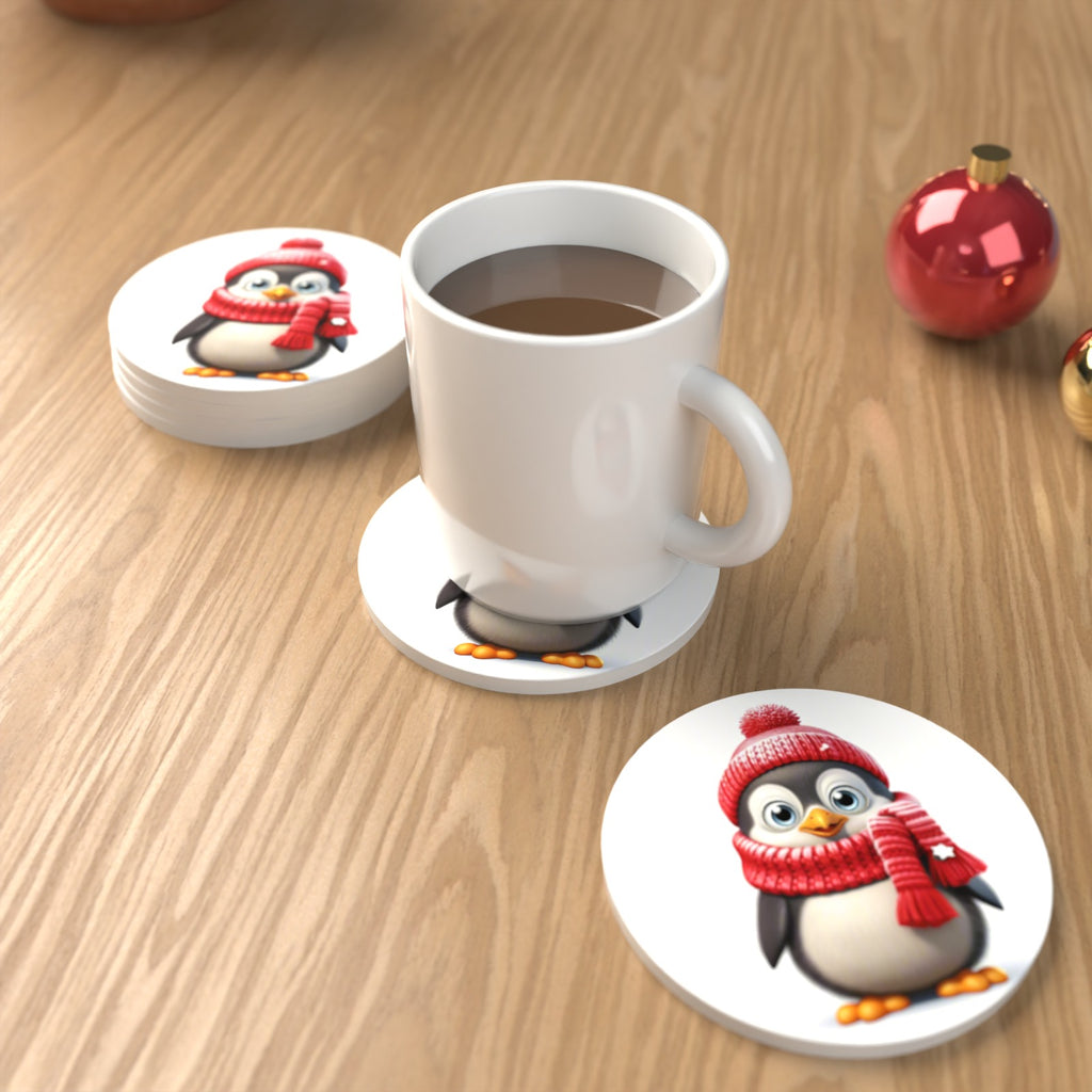 Cheerful Penguin in Red Hat & Scarf Round Ceramic Coasters – Set of 6 – lifestyle mockup with a mug of coffee