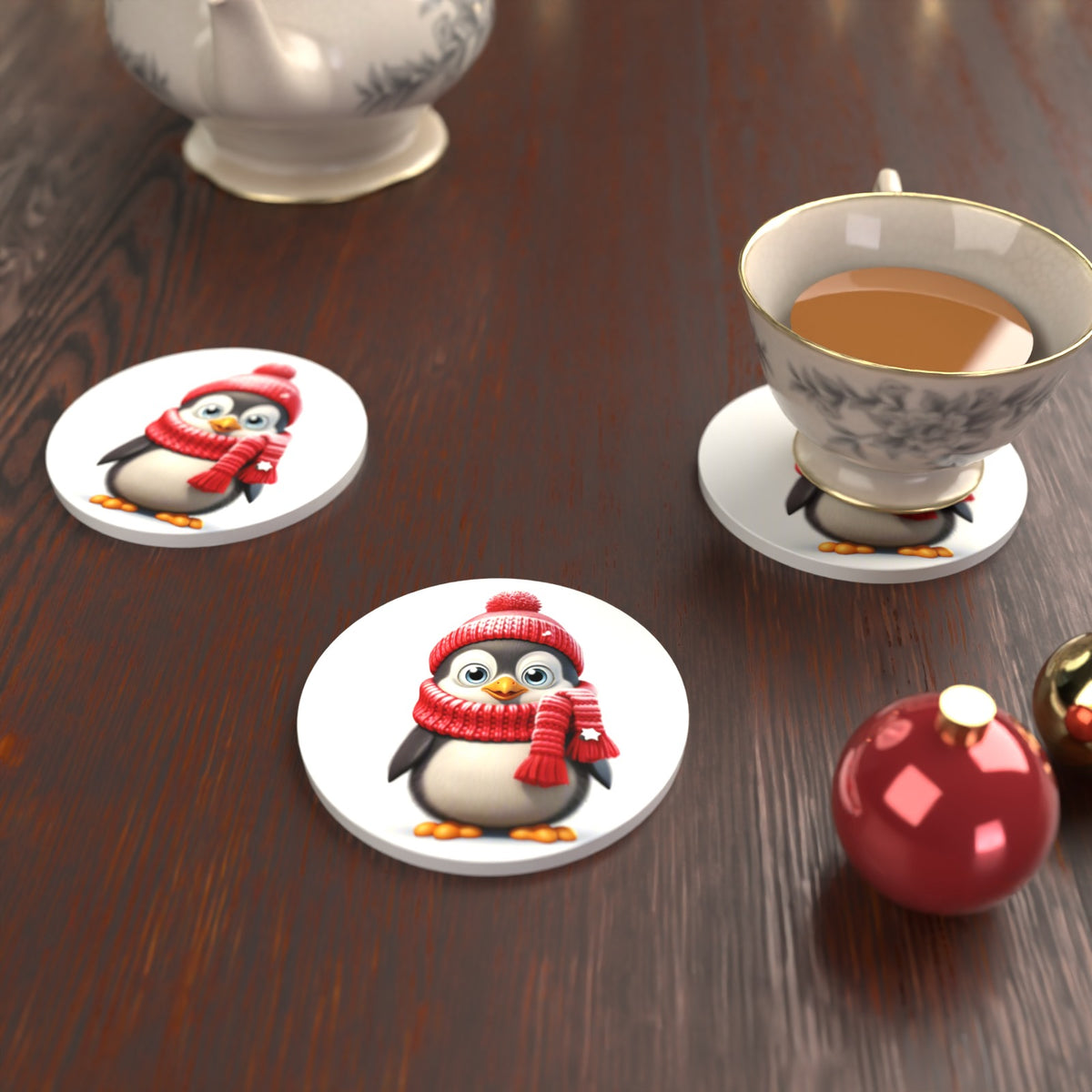 Cheerful Penguin in Red Hat & Scarf Round Ceramic Coasters – Set of 6 – lifestyle mockup with a teacup