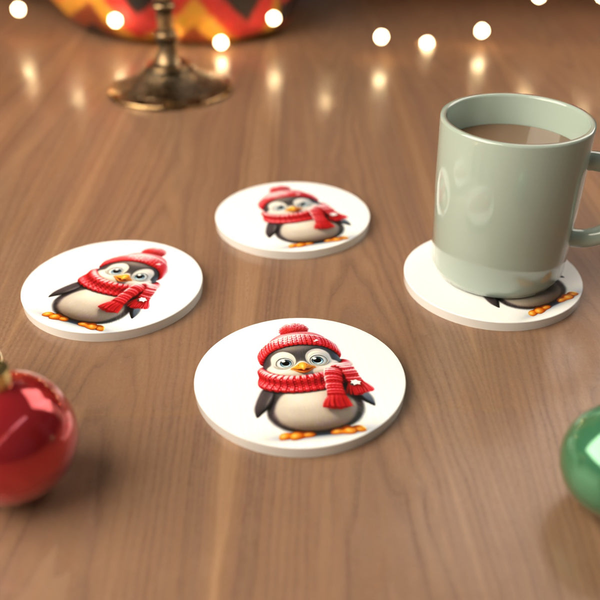 Cheerful Penguin in Red Hat & Scarf Round Ceramic Coasters – Set of 6 – cosy lifestyle mockup