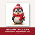 Cheerful Penguin in Red Hat & Scarf square glass coaster set of 6 – pre-order / backorder, dispatching mid to late November 2026