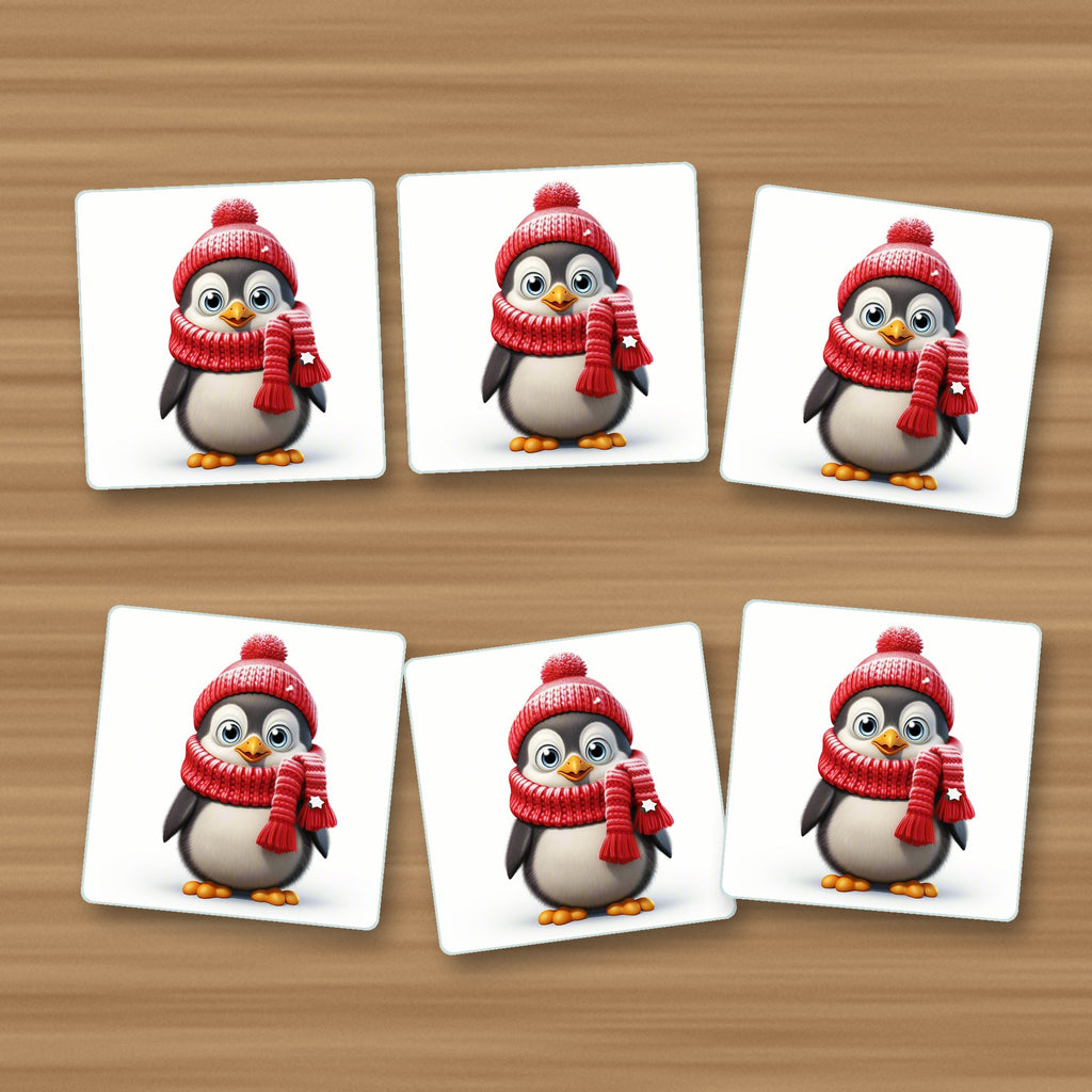Cheerful Penguin in Red Hat & Scarf square glass coasters, set of 6, on an oak coffee table